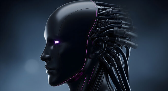 Profile view of an advanced humanoid robot head with glowing purple eyes and cybernetic cables connected.