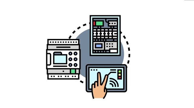 Industrial control system connecting programmable logic controllers and a human machine interface, depicting modern automation technology and process management in smart manufacturing