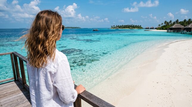 A woman with wavy hair looking out over a stunning tropical turquoise lagoon from a wooden deck on a pristine white sand beach in the Maldives on a clear sunny day
