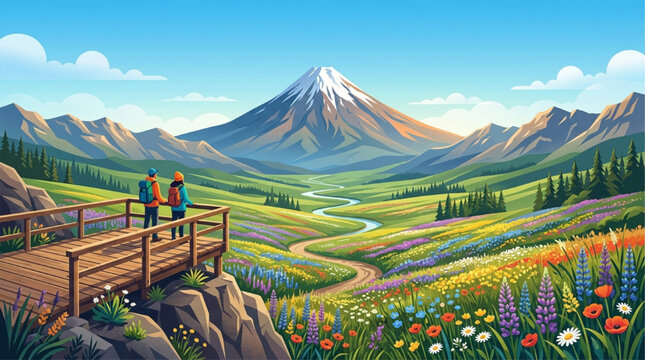 Hikers on wooden platform overlooking vibrant valley with wildflowers, winding river, and snow-capped mountain peak; serene digital landscape illustration, AI generated.