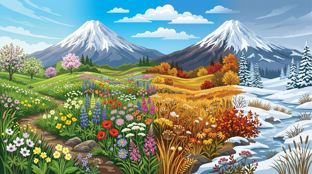 Four seasons landscape illustration featuring snow-capped mountains, spring blossoms, summer wildflowers, autumn foliage, and winter snow. AI generated seasonal transition art.