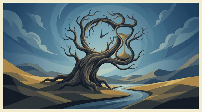 Surreal tree clock and hourglass illustration in desert landscape with river, moody blue lighting, time concept art, AI generated
