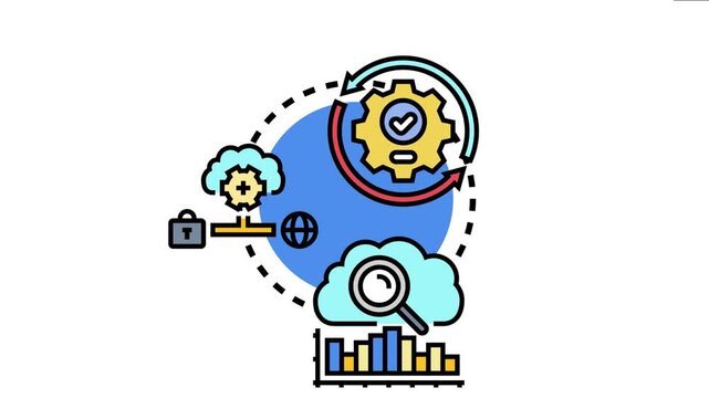 Automated data workflow orchestration process with a central gear operating cloud computing, global network connections, secure data protection, and insightful data analytics visualization