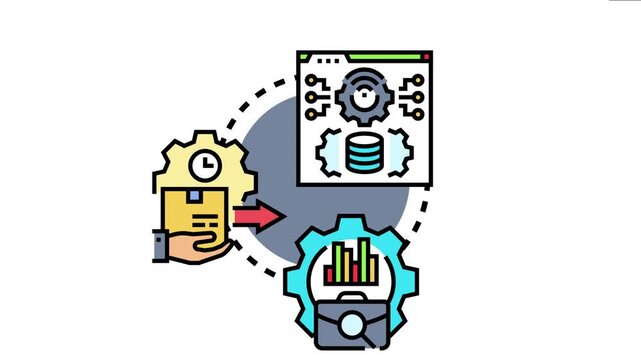 Automated data workflow orchestrating a complex management system, processing data, and analyzing business solutions, representing effective operational control