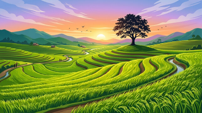 Lush green rice terraces at sunset with lone tree on hill, golden hour mountain landscape, peaceful rural scenery, AI generated illustration.