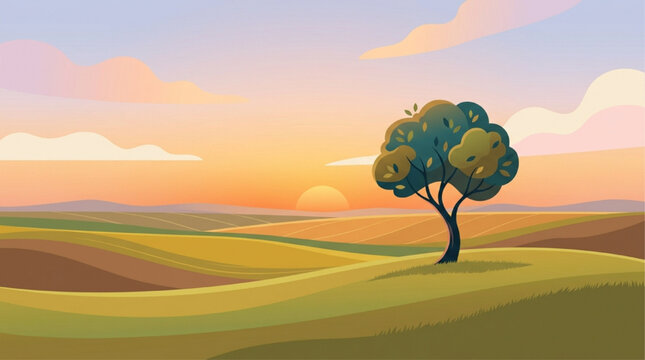 Digital illustration of a lone tree on rolling hills at sunset, warm golden hour lighting, peaceful rural landscape, soft clouds, AI generated.