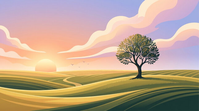 Peaceful landscape illustration featuring a lone tree on rolling hills during a golden sunset with soft clouds and a winding path, AI generated.