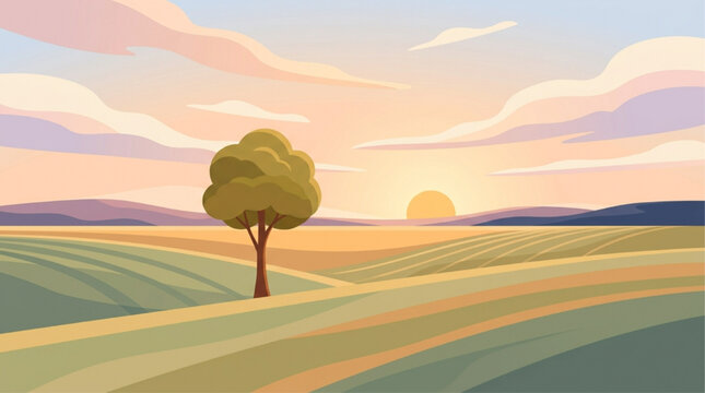 Digital illustration of a lone tree in rolling hills at sunset, minimalist landscape with soft pastel clouds and warm sun, serene rural meadow scenery, AI generated.
