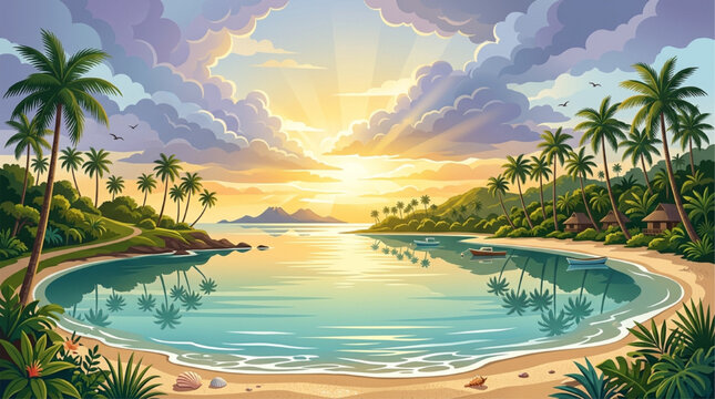 Tropical island bay at sunrise with palm trees, calm turquoise water, and golden sunbeams, serene paradise digital illustration, AI generated.