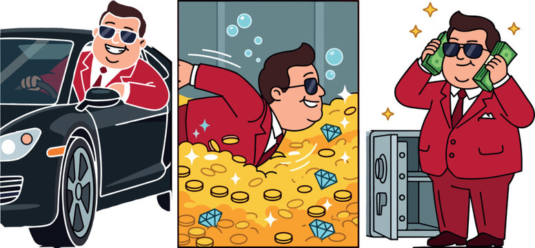 Rich Businessman Character Comic Vector Set Driving Sports Car, Swimming in Gold Coins with Diamonds, and Holding Cash Bundles Next to Safe Vault