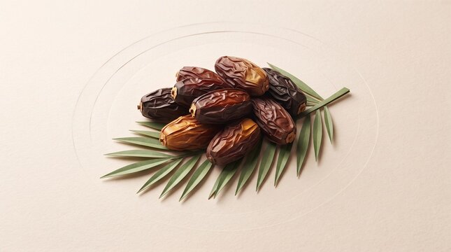 Fresh dried dates fruit on green palm leaf over minimal beige background for Ramadan iftar