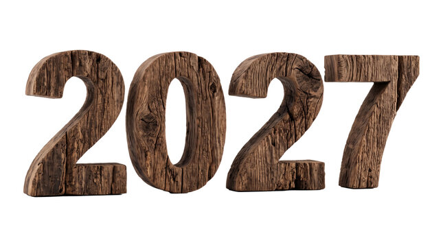 Wooden carved numerals forming 2027 year digits.