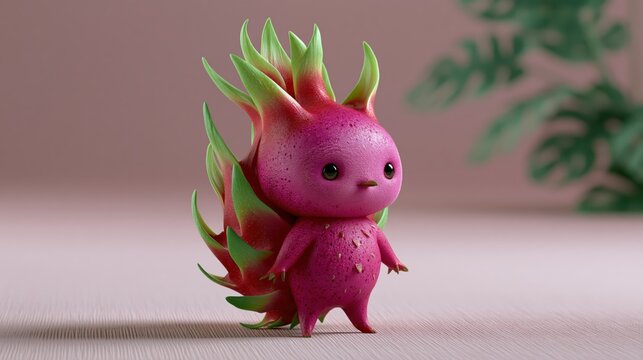 Cute dragon fruit character with pink scales and green leaves standing on a soft pink surface with blurred foliage background