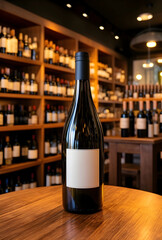 Naklejka premium Wine bottle with blank label on a wooden table in a wine shop, product display and retail marketing
