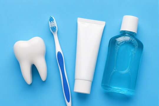 Toothbrush toothpaste and mouthwash arranged on blue surface