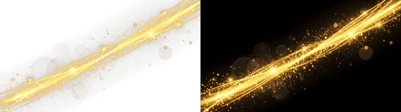 Golden glowing light waves with shimmering magic dust particles and dynamic sparkles creating an elegant luxury effect on transparent background
