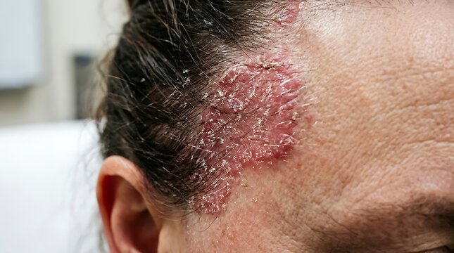 Human face with irritated rash representing skincare problems and medical diagnosis concepts