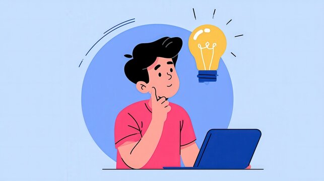 Young man thinking about creative solutions while working on laptop with glowing lightbulb illustration concept with representing inspiration creative lightbulb symbol