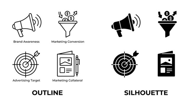Marketing Icons: A collection of graphic icons representing marketing concepts such as brand awareness, conversion, advertising target, and collateral in both outline and silhouette styles.