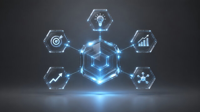 Business strategy data analytics concept featuring glowing holographic hexagon icons representing innovation growth and network connectivity