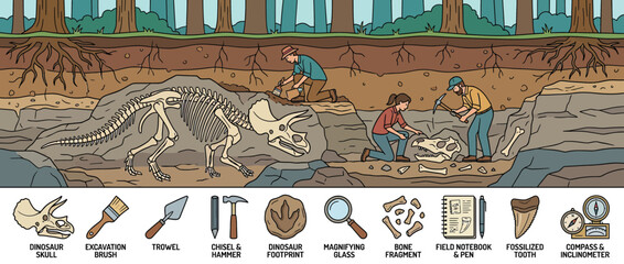 Paleontologists excavating dinosaur fossils in a forest setting © puter
