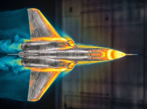 Top view of a supersonic jet model undergoing aerodynamic testing with orange thermal friction zones and cyan trailing airflows