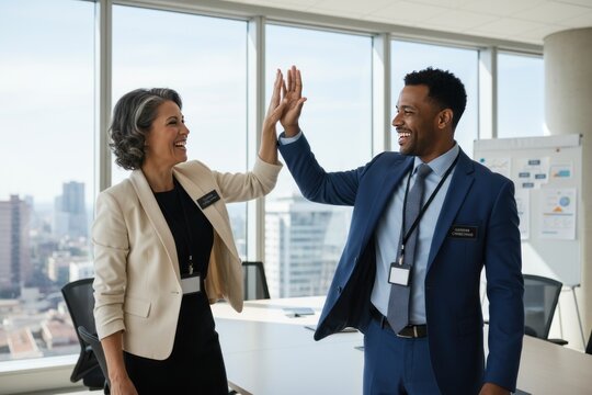 Modern business teamwork high five in bright office, diverse corporate colleagues celebrating success, city skyline view
