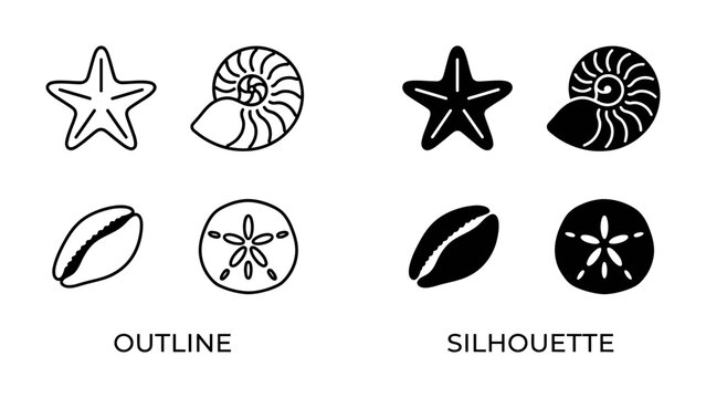 Seashell Icons: A collection of classic seashell icons presented in both outline and silhouette styles, showcasing starfish, nautilus, seashell, and sand dollar shapes.