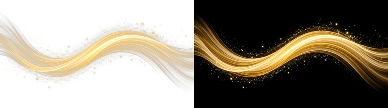 Golden light wave with shimmering dust particles and soft fluid motion, artistic glowing swirl effect, high resolution on transparent background