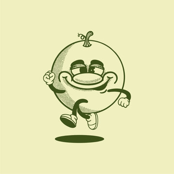 Cute retro melon mascot character in vintage 1930s rubber hose cartoon style. Vector illustration of funny green fruit mascot for logo, sticker, or t-shirt design.