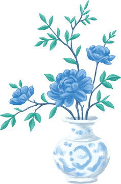 Botanical Painting Flower in Chinese Ceramic Pot Oriental Floral Illustration