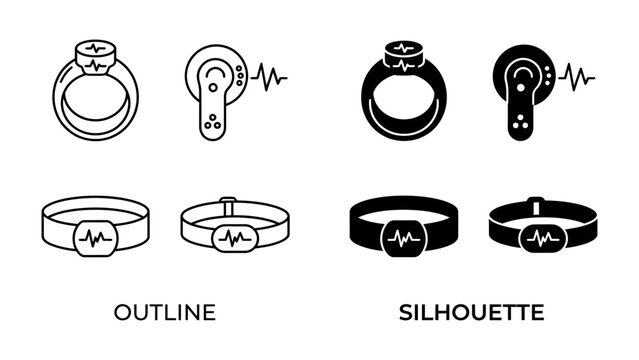 Health Tracker Icons: A set of clean, modern icons representing wearable health trackers, including a ring, an earpiece, and a wristband.