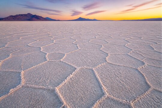 Salt flat hexagonal crust stretching toward distant mountains