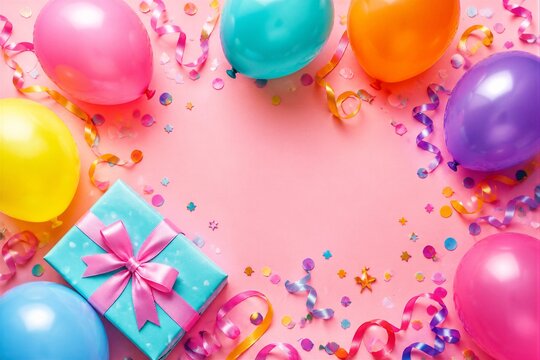 Colorful balloons and gift arranged on pink party backdrop