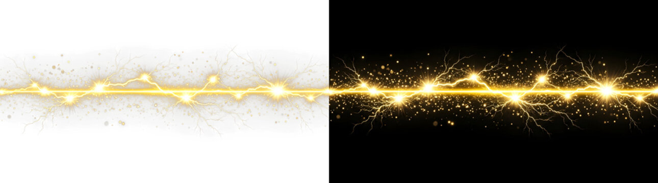 Golden electric lightning bolt featuring radiant glowing sparks and bright plasma energy streaks isolated horizontally on transparent background