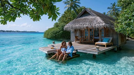 Naklejka premium Couple relaxing on wooden platform beside tropical overwater bungalow with clear turquoise ocean during sunny day