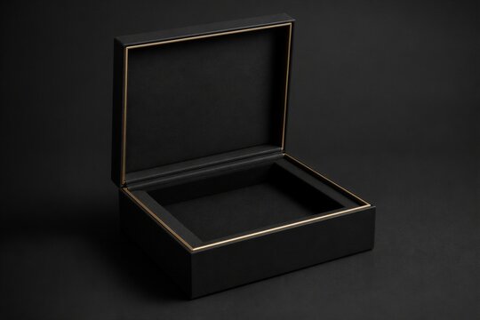 Black open jewelry box on dark minimal background
