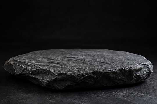 Round slate stone platform resting on black textured surface