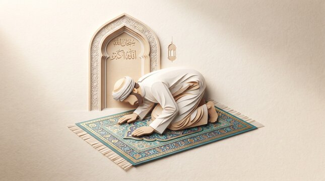 3D papercraft illustration of a Muslim man performing Sujud prayer on a prayer rug before an Islamic arch
