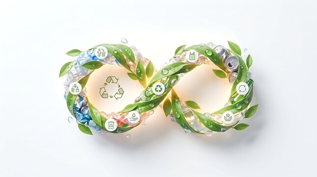 Infinity symbol made of fresh green leaves and flowers with water drops on a white background infinity environment sustainable background