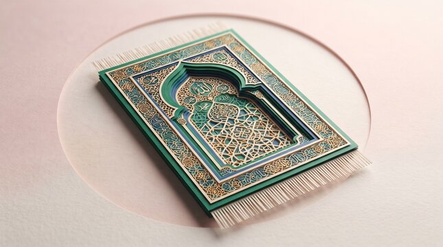 Layered paper craft 3D Islamic prayer mat with intricate Arabic calligraphy and geometric mihrab arch design