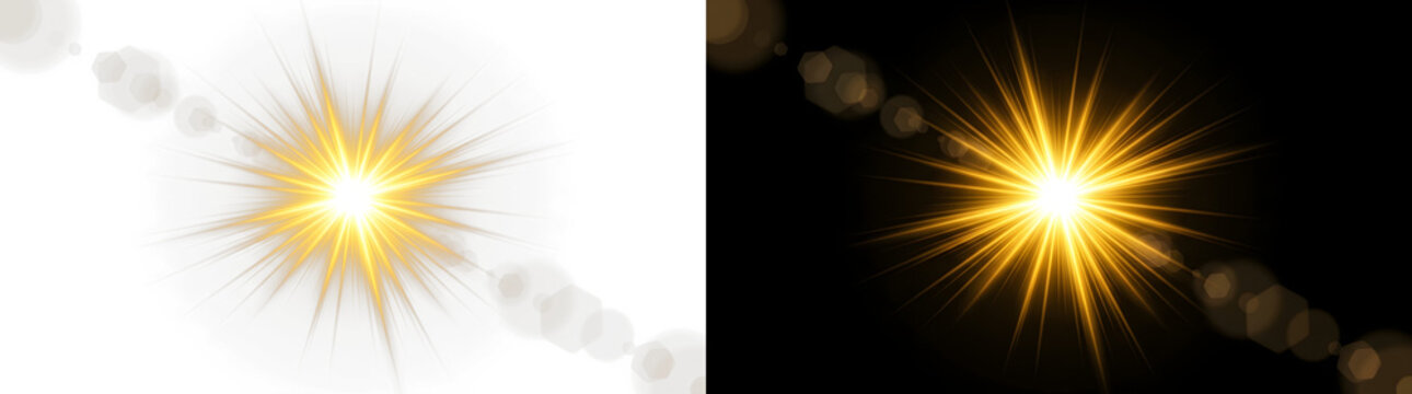 Golden sunburst light flare with brilliant rays and realistic lens effects isolated for high quality graphic design projects on transparent background
