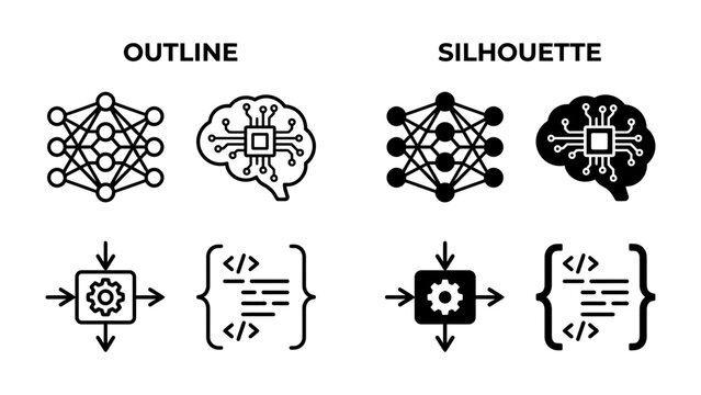 Neural Network and AI Icons: A set of stylized icons representing neural networks, artificial intelligence, machine learning, and coding, presented in both outline and silhouette styles.