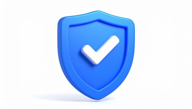 3D Blue Protection Shield with White Checkmark Isolated on White Background