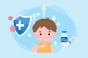 Happy Cute Boy Getting Flu Vaccine Shot showing Adhesive Bandage with Medical Shield, Syringe, and Vaccine Vial for Immunity Protection
