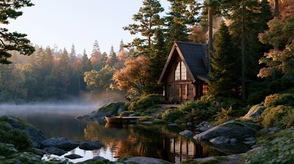 Naklejka premium Rustic cabin nestled beside a tranquil lake during golden hour with misty forest backdrop and vibrant autumn foliage