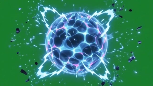 Energy Ball Explosion with Electric Lightning and Shockwave on Green Screen Background.