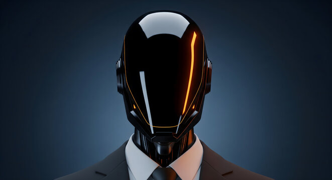 A futuristic humanoid robot wearing a business suit against a dark background.