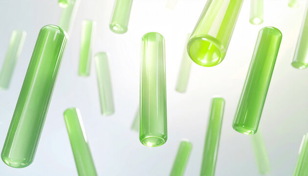 新鮮な緑茶カテキン成分を、透明感のある円柱形で表現した抽象イメージ