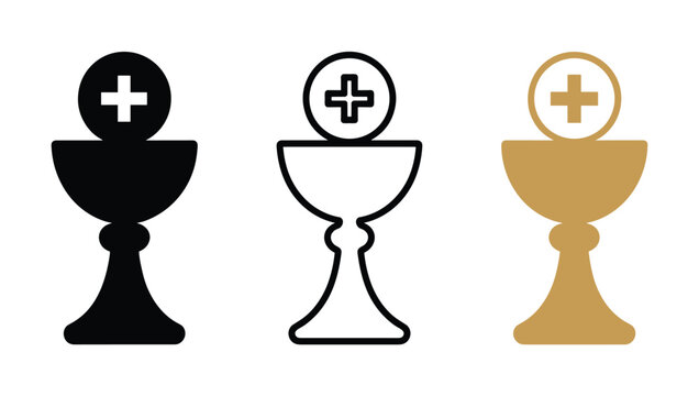 Holy Chalice Icons: Three stylized icons of a chalice with a cross, representing the holy sacrament and religious symbolism in black, white, and gold.